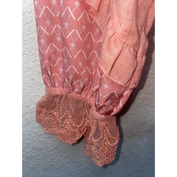 NEW western fairy blouse Boho Balloon Sleeve Lace M Coral Ruffle vneck tassel - Picture 3 of 9